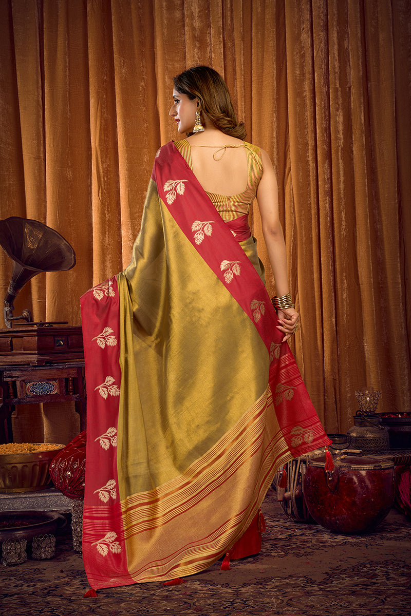 Monjolika Fashion Golden Olive Green Soft Tissue Silk Blend Saree with Red Woven Border | Grocsy