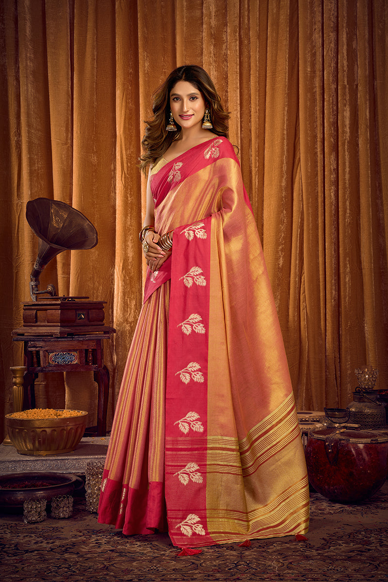 Monjolika Fashion Peach Gold Soft Tissue Silk Blend Saree with Magenta Woven Border | Grocsy