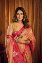 Monjolika Fashion Peach Gold Soft Tissue Silk Blend Saree with Magenta Woven Border | Grocsy