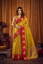 Monjolika Fashion Mustard Yellow Soft Tissue Silk Blend Saree with Red Woven Border | Grocsy