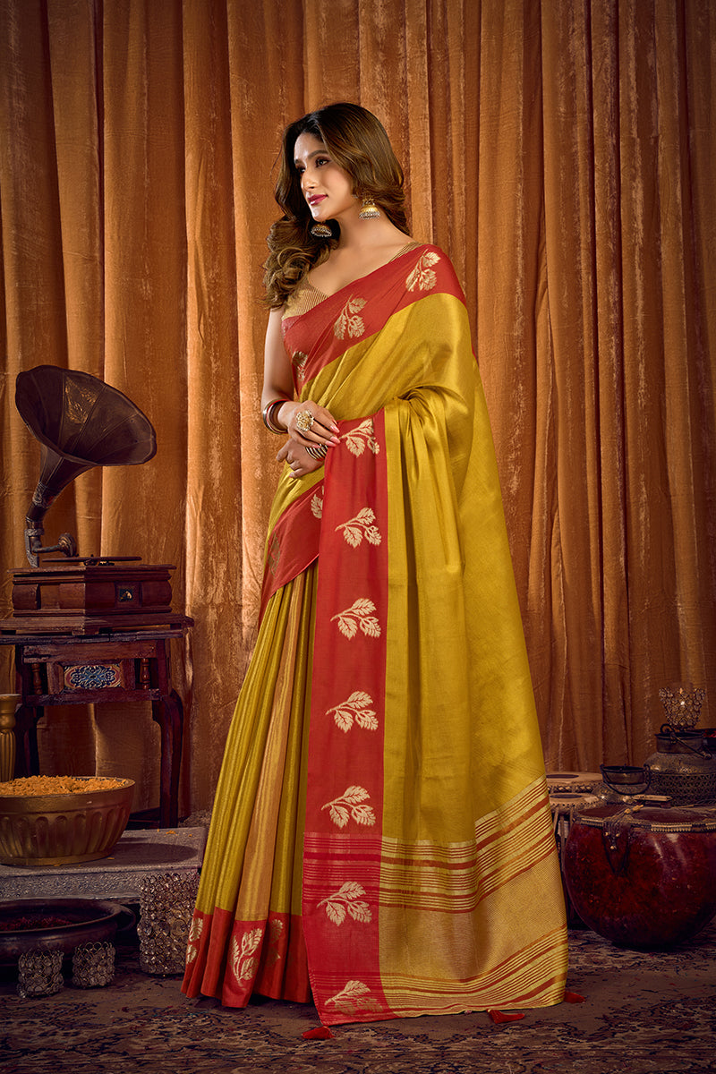 Monjolika Fashion Mustard Yellow Soft Tissue Silk Blend Saree with Red Woven Border | Grocsy