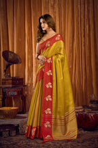 Monjolika Fashion Mustard Yellow Soft Tissue Silk Blend Saree with Red Woven Border | Grocsy