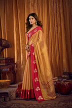 Monjolika Fashion Beige Gold Soft Tissue Silk Blend Saree with Rani Pink Zari Woven Border | Grocsy