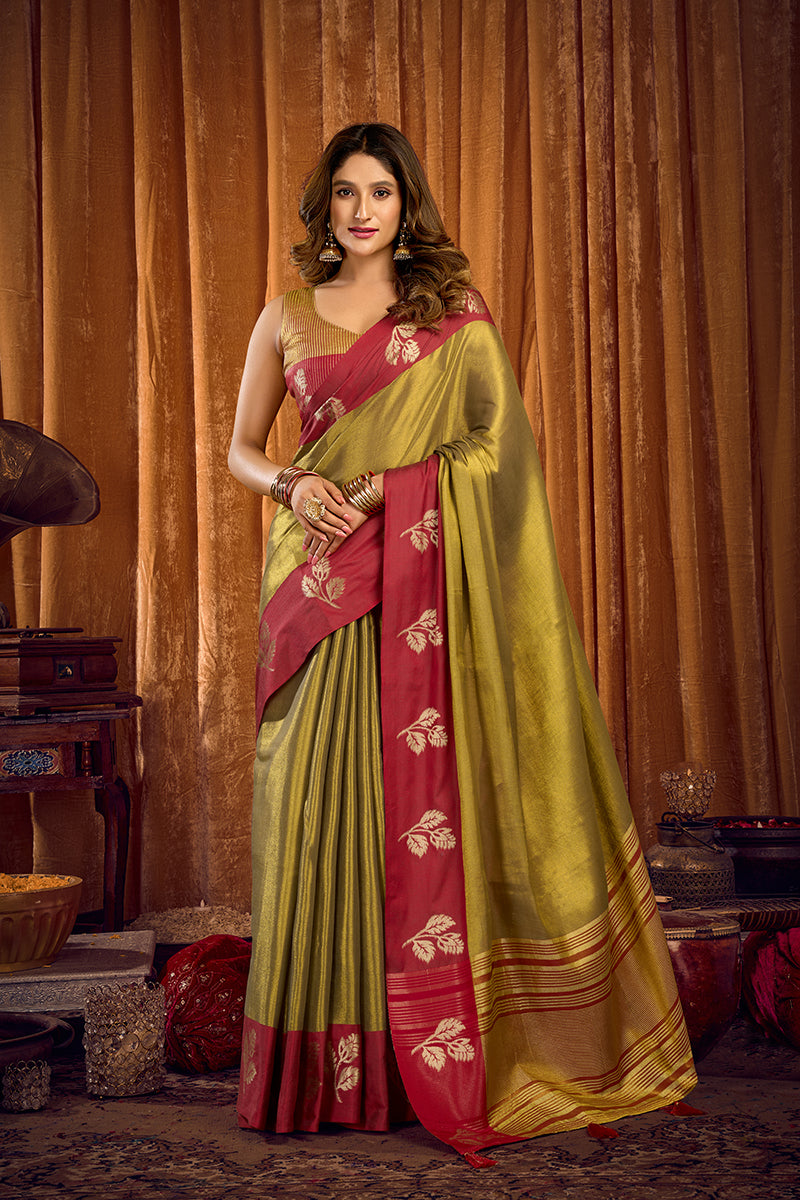 Monjolika Fashion Olive Green Soft Tissue Silk Blend Saree with Rani Pink Zari Woven Border | Grocsy