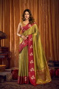 Monjolika Fashion Olive Green Soft Tissue Silk Blend Saree with Rani Pink Zari Woven Border | Grocsy