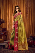 Monjolika Fashion Olive Green Soft Tissue Silk Blend Saree with Rani Pink Zari Woven Border | Grocsy
