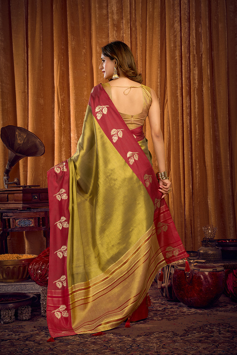 Monjolika Fashion Olive Green Soft Tissue Silk Blend Saree with Rani Pink Zari Woven Border | Grocsy