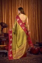 Monjolika Fashion Olive Green Soft Tissue Silk Blend Saree with Rani Pink Zari Woven Border | Grocsy