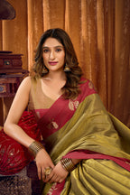 Monjolika Fashion Olive Green Soft Tissue Silk Blend Saree with Rani Pink Zari Woven Border | Grocsy