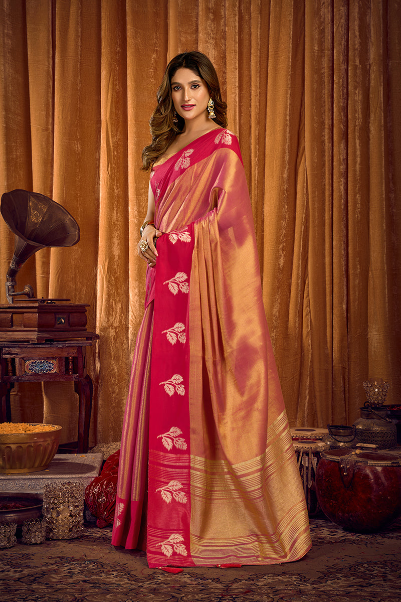Monjolika Fashion Peach Pink Soft Tissue Silk Blend Saree with Rani Pink Zari Woven Border | Grocsy