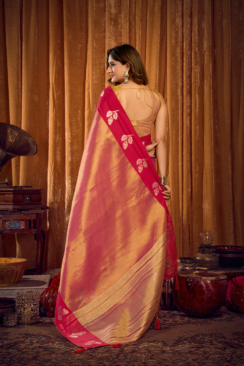 Monjolika Fashion Peach Pink Soft Tissue Silk Blend Saree with Rani Pink Zari Woven Border | Grocsy