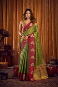 Monjolika Fashion Green Soft Tissue Silk Blend Saree with Wine Red Zari Woven Border | Grocsy