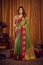 Monjolika Fashion Green Soft Tissue Silk Blend Saree with Wine Red Zari Woven Border | Grocsy
