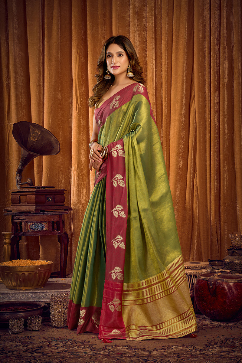 Monjolika Fashion Green Soft Tissue Silk Blend Saree with Wine Red Zari Woven Border | Grocsy
