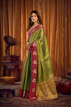 Monjolika Fashion Green Soft Tissue Silk Blend Saree with Wine Red Zari Woven Border | Grocsy