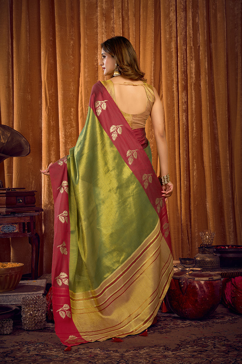 Monjolika Fashion Green Soft Tissue Silk Blend Saree with Wine Red Zari Woven Border | Grocsy