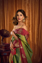 Monjolika Fashion Green Soft Tissue Silk Blend Saree with Wine Red Zari Woven Border | Grocsy