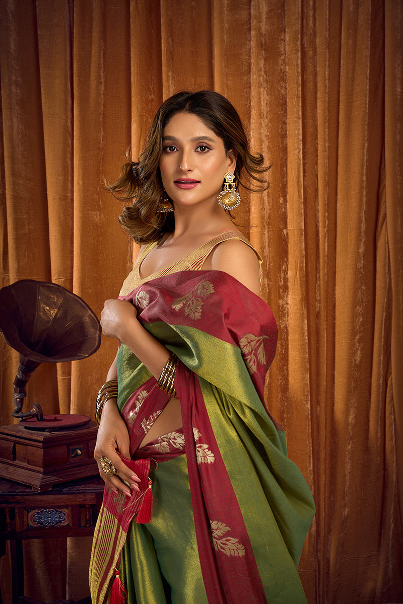 Monjolika Fashion Green Soft Tissue Silk Blend Saree with Wine Red Zari Woven Border | Grocsy