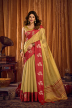 Monjolika Fashion Golden Beige Soft Tissue Silk Blend Saree with Red Zari Woven Border | Grocsy
