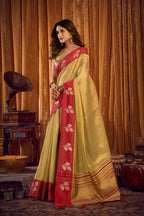 Monjolika Fashion Golden Beige Soft Tissue Silk Blend Saree with Red Zari Woven Border | Grocsy