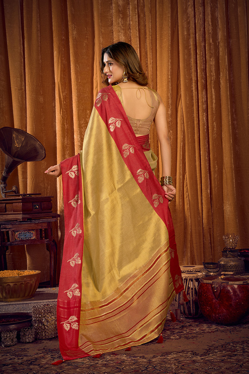 Monjolika Fashion Golden Beige Soft Tissue Silk Blend Saree with Red Zari Woven Border | Grocsy