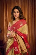 Monjolika Fashion Golden Beige Soft Tissue Silk Blend Saree with Red Zari Woven Border | Grocsy