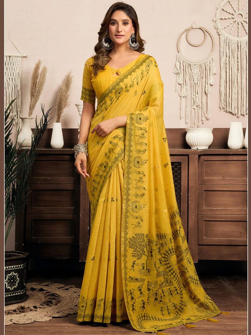 Monjolika Fashion Mustard Cotton Blend Warli Work Saree with Unstitched Blouse | Grocsy
