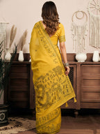 Monjolika Fashion Mustard Cotton Blend Warli Work Saree with Unstitched Blouse | Grocsy