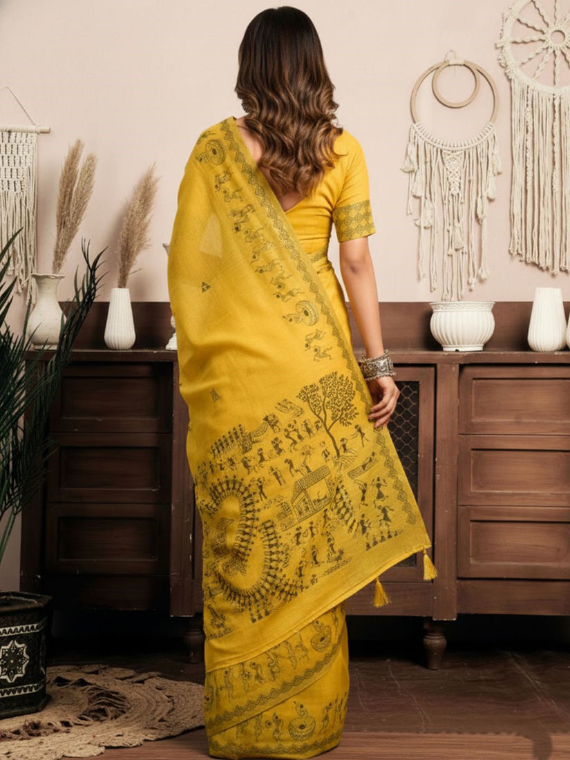 Monjolika Fashion Mustard Cotton Blend Warli Work Saree with Unstitched Blouse | Grocsy