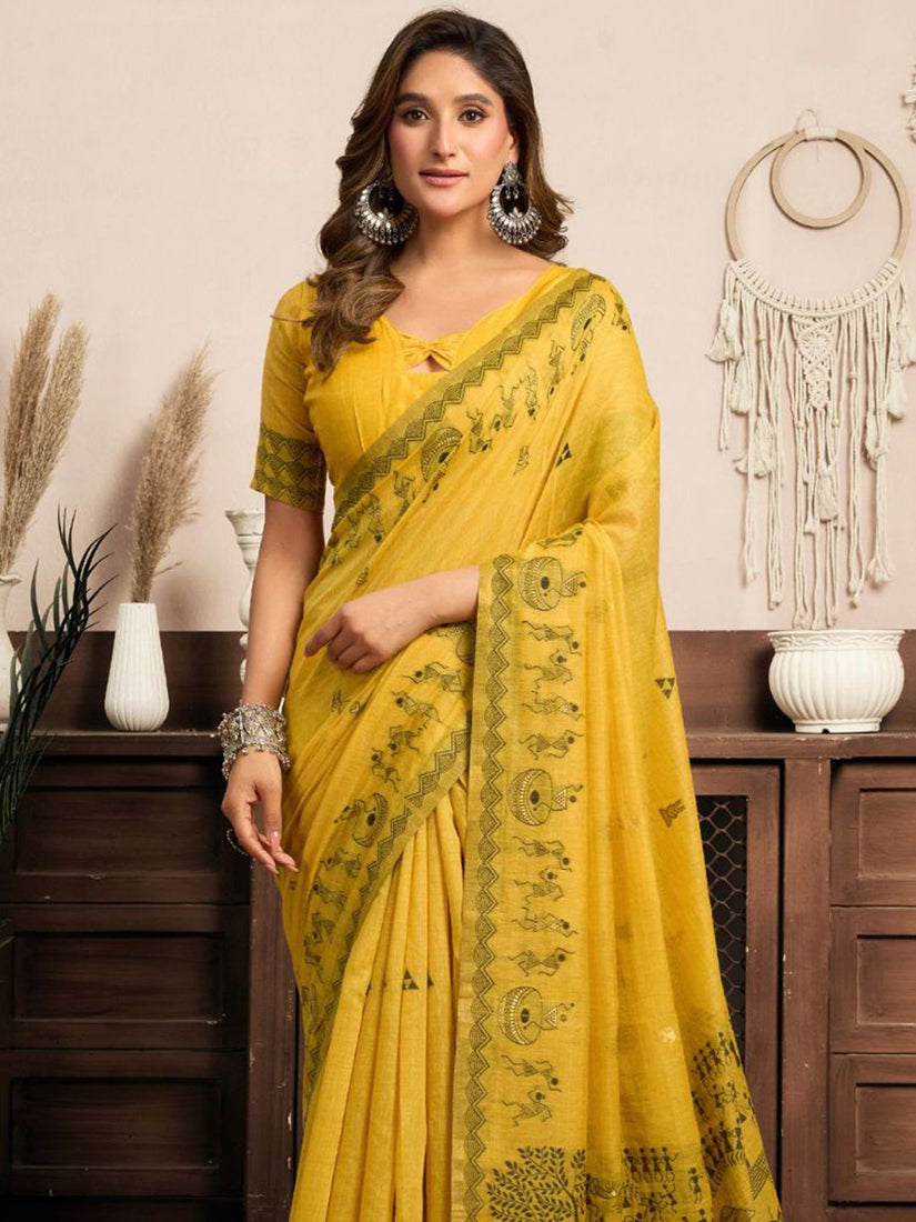 Monjolika Fashion Mustard Cotton Blend Warli Work Saree with Unstitched Blouse | Grocsy