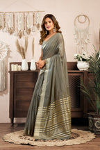 Monjolika Fashion Grey Khadi Cotton Saree with Golden Zari Border and Brocade Blouse | Grocsy