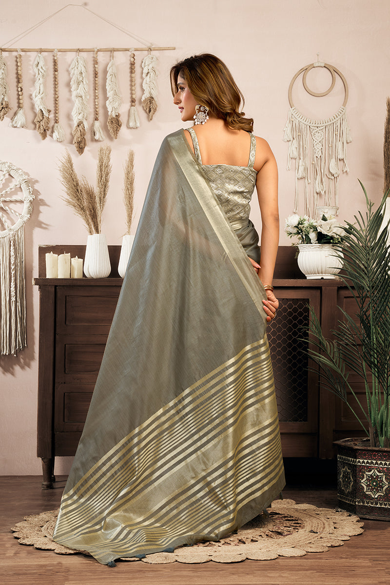 Monjolika Fashion Grey Khadi Cotton Saree with Golden Zari Border and Brocade Blouse | Grocsy