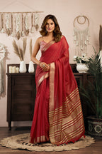 Monjolika Fashion Red Khadi Cotton Saree with Golden Zari Border and Brocade Blouse | Grocsy