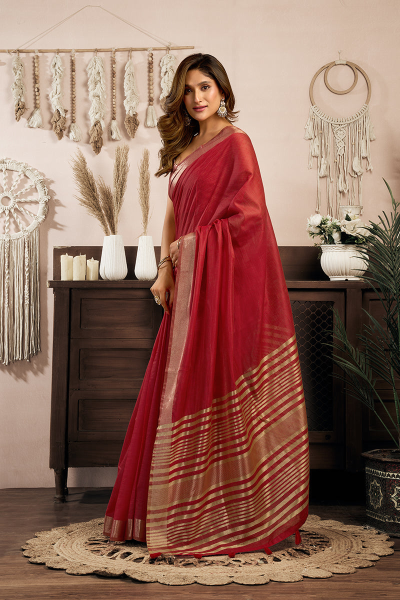 Monjolika Fashion Red Khadi Cotton Saree with Golden Zari Border and Brocade Blouse | Grocsy