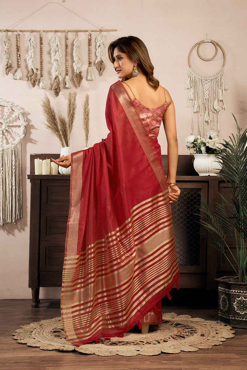 Monjolika Fashion Red Khadi Cotton Saree with Golden Zari Border and Brocade Blouse | Grocsy