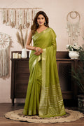 Monjolika Fashion Green Khadi Cotton Saree with Golden Zari Border and Brocade Blouse | Grocsy
