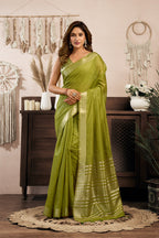 Monjolika Fashion Green Khadi Cotton Saree with Golden Zari Border and Brocade Blouse | Grocsy