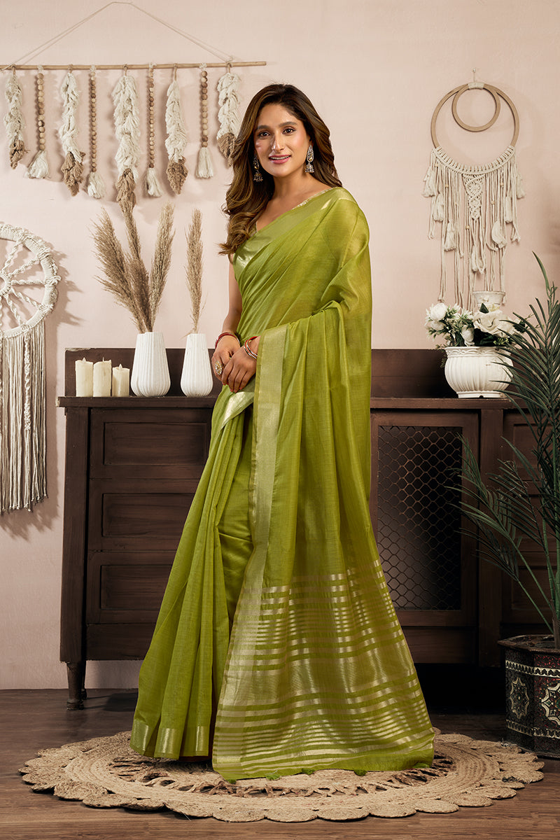 Monjolika Fashion Green Khadi Cotton Saree with Golden Zari Border and Brocade Blouse | Grocsy