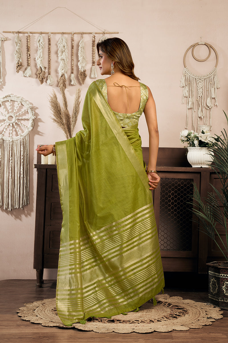 Monjolika Fashion Green Khadi Cotton Saree with Golden Zari Border and Brocade Blouse | Grocsy