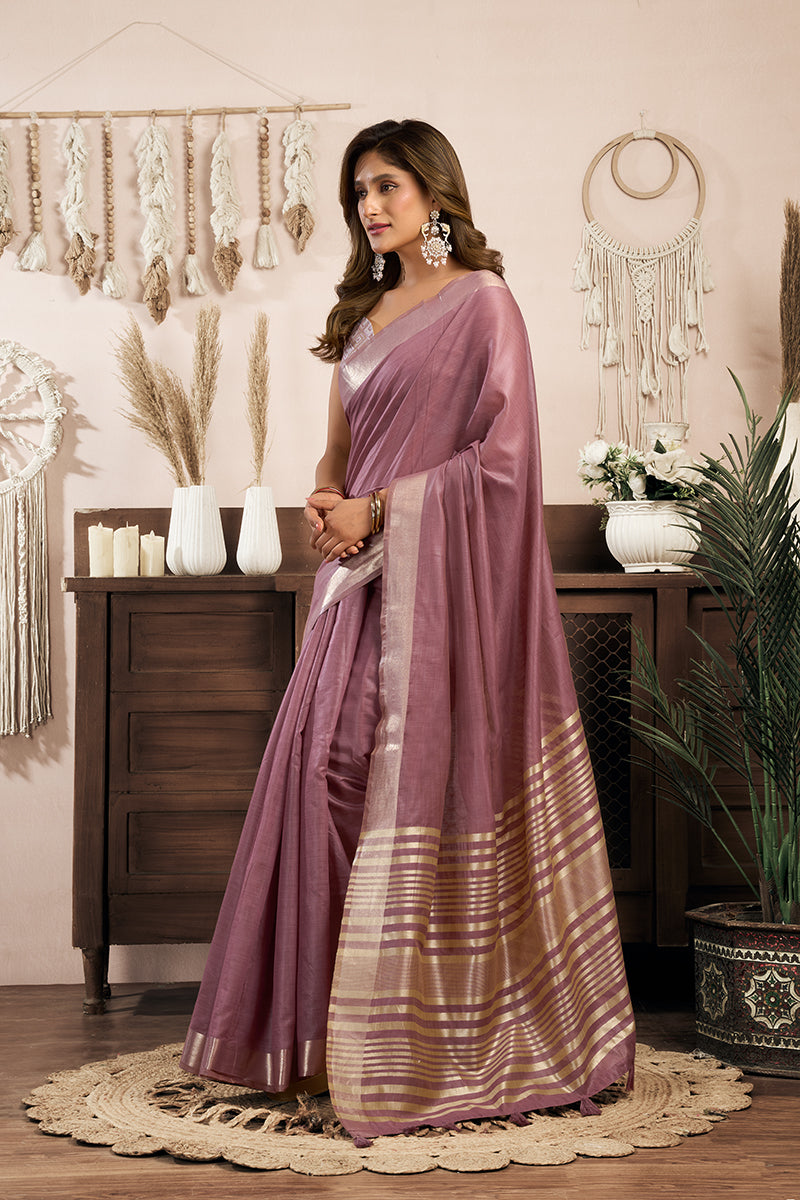 Monjolika Fashion Mauve Khadi Cotton Saree with Golden Zari Border and Brocade Blouse | Grocsy