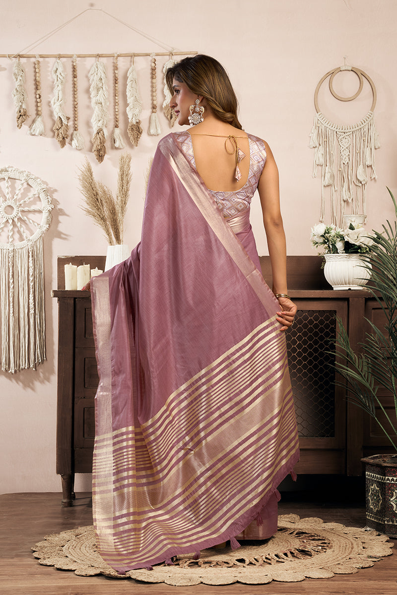 Monjolika Fashion Mauve Khadi Cotton Saree with Golden Zari Border and Brocade Blouse | Grocsy