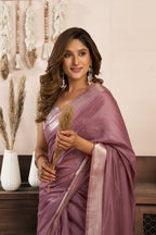 Monjolika Fashion Mauve Khadi Cotton Saree with Golden Zari Border and Brocade Blouse | Grocsy
