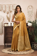Monjolika Fashion Mustard Khadi Cotton Saree with Golden Zari Border and Brocade Blouse | Grocsy