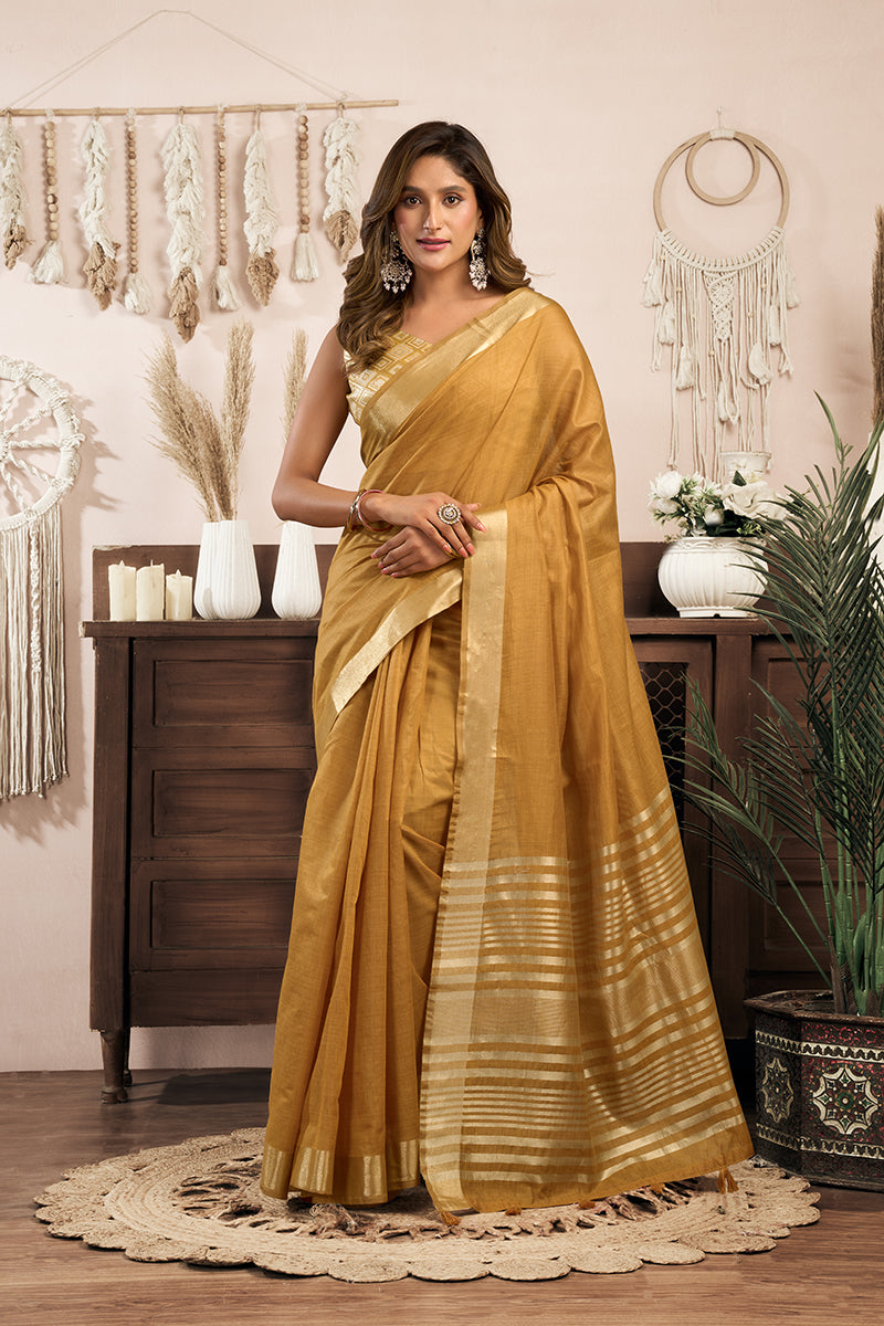 Monjolika Fashion Mustard Khadi Cotton Saree with Golden Zari Border and Brocade Blouse | Grocsy