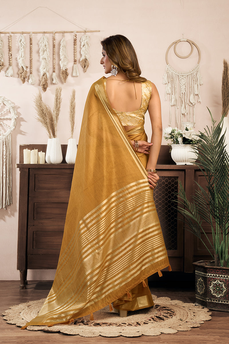 Monjolika Fashion Mustard Khadi Cotton Saree with Golden Zari Border and Brocade Blouse | Grocsy