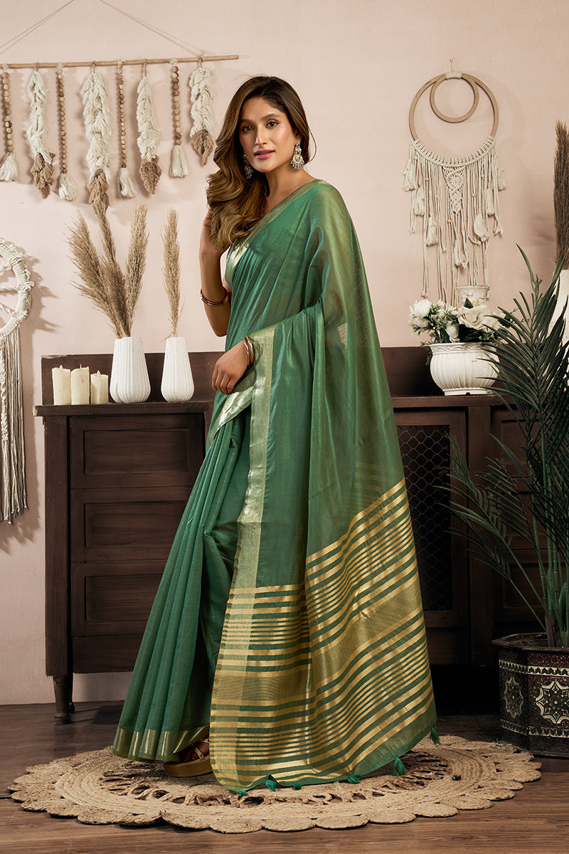 Monjolika Fashion Green Khadi Cotton Saree with Golden Zari Border and Brocade Blouse | Grocsy