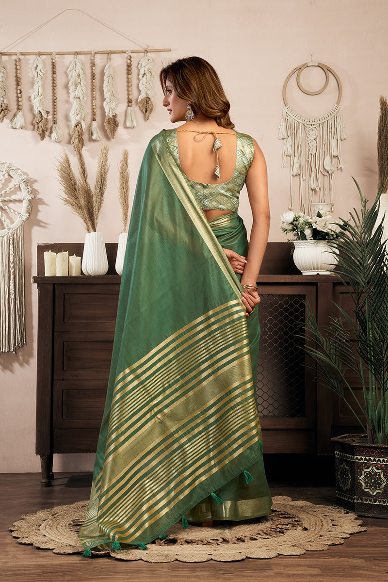 Monjolika Fashion Green Khadi Cotton Saree with Golden Zari Border and Brocade Blouse | Grocsy