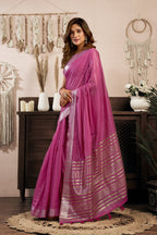 Monjolika Fashion Pink Khadi Cotton Saree with Golden Zari Border and Brocade Blouse | Grocsy