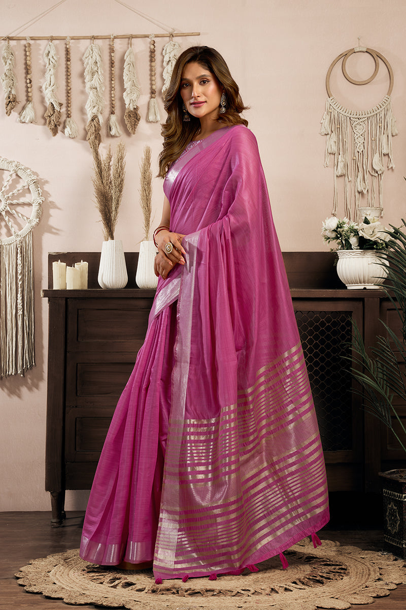 Monjolika Fashion Pink Khadi Cotton Saree with Golden Zari Border and Brocade Blouse | Grocsy