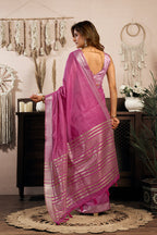 Monjolika Fashion Pink Khadi Cotton Saree with Golden Zari Border and Brocade Blouse | Grocsy